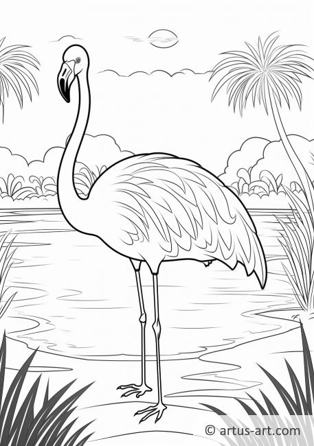 Flamingo met Palmbomen Kleurplaat